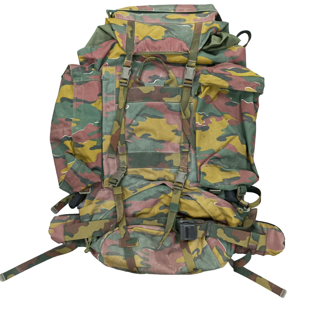 Belgian Army M97 Jigsaw Camo 100L Bergan & Side Pouches with adjustable waist and shoulder straps, a removable aluminium frame to support heavy loads