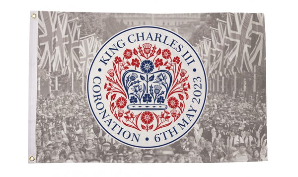 King Charles III Coronation Logo (Crowd Background) Flag (5ft x 3ft)