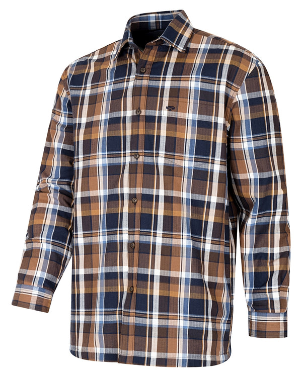 Hoggs of Fife Arran Microfleece Lined 100% Cotton Shirt - Navy/Brown