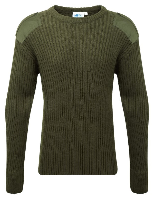 Fort Crew Neck Combat Olive Green Jumper with shoulder epaulettes and patches