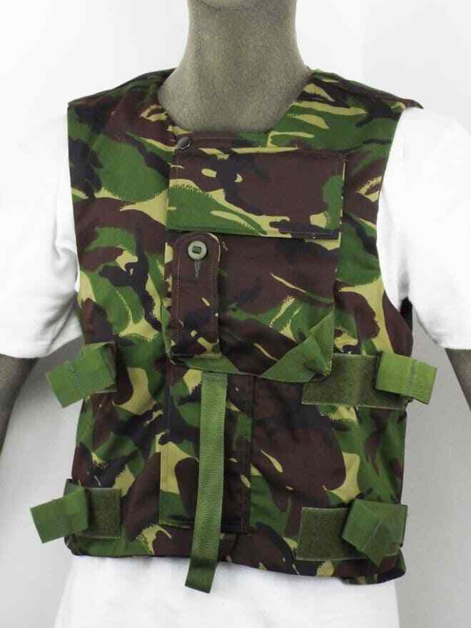 British Army DPM Body Armour Cover with velcro front and rear pockets, velcro adjustable side straps and velcro closure with top button