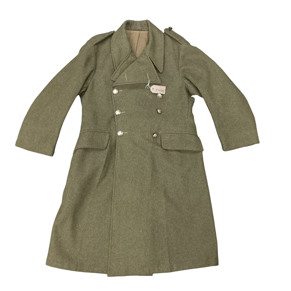 British Army 1954 Dismounted Wool Green Greatcoat from the 5th Dragoon Guards regiment, this has epaulettes, 2 flapped pockets and silver buttons