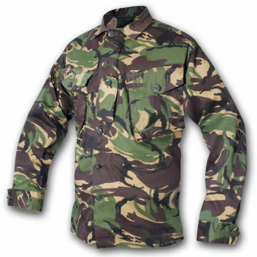 British Army DPM Camouflaged Shirt with two chest pockets, zip and button front, adjustable cuffs and a front rank slide. 
