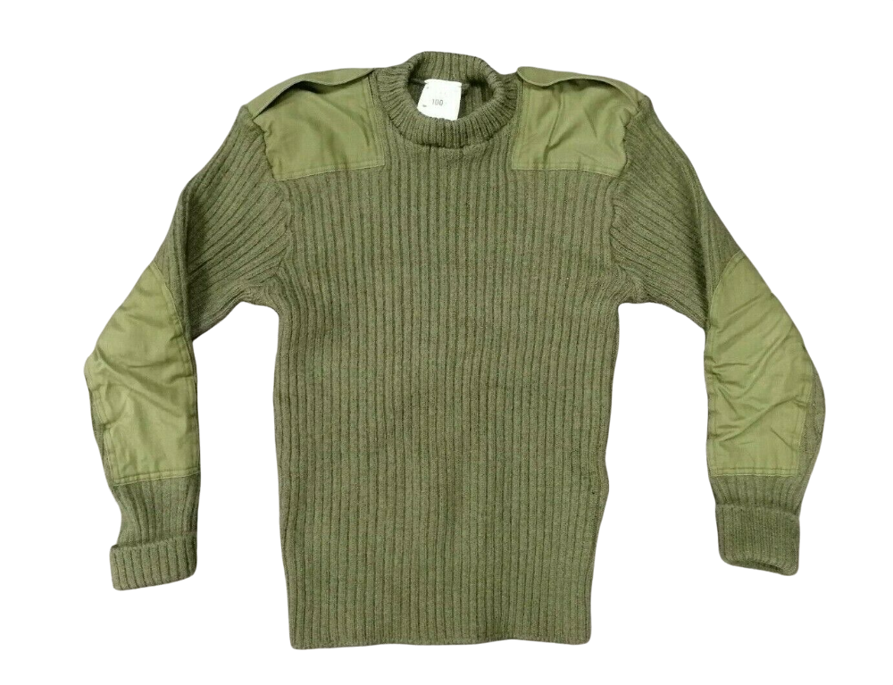 British Army Olive Green Jumper with shoulder epaulettes, shoulder and elbow pads