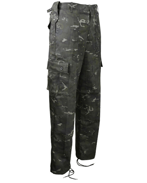 Kombat BTP Black Camo Trousers with side buckles and leg ties